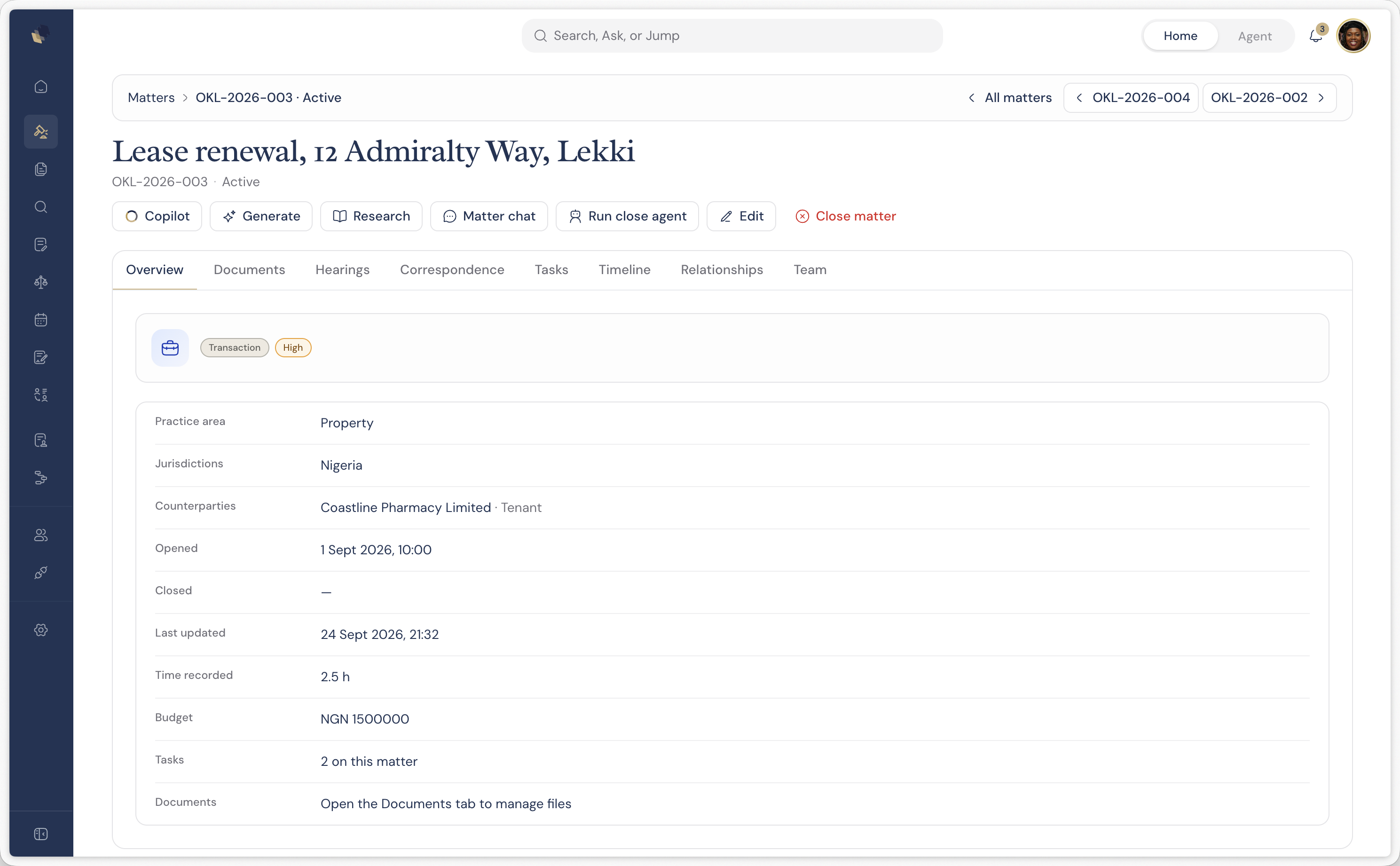The Largence matter page for a lease renewal in Lekki